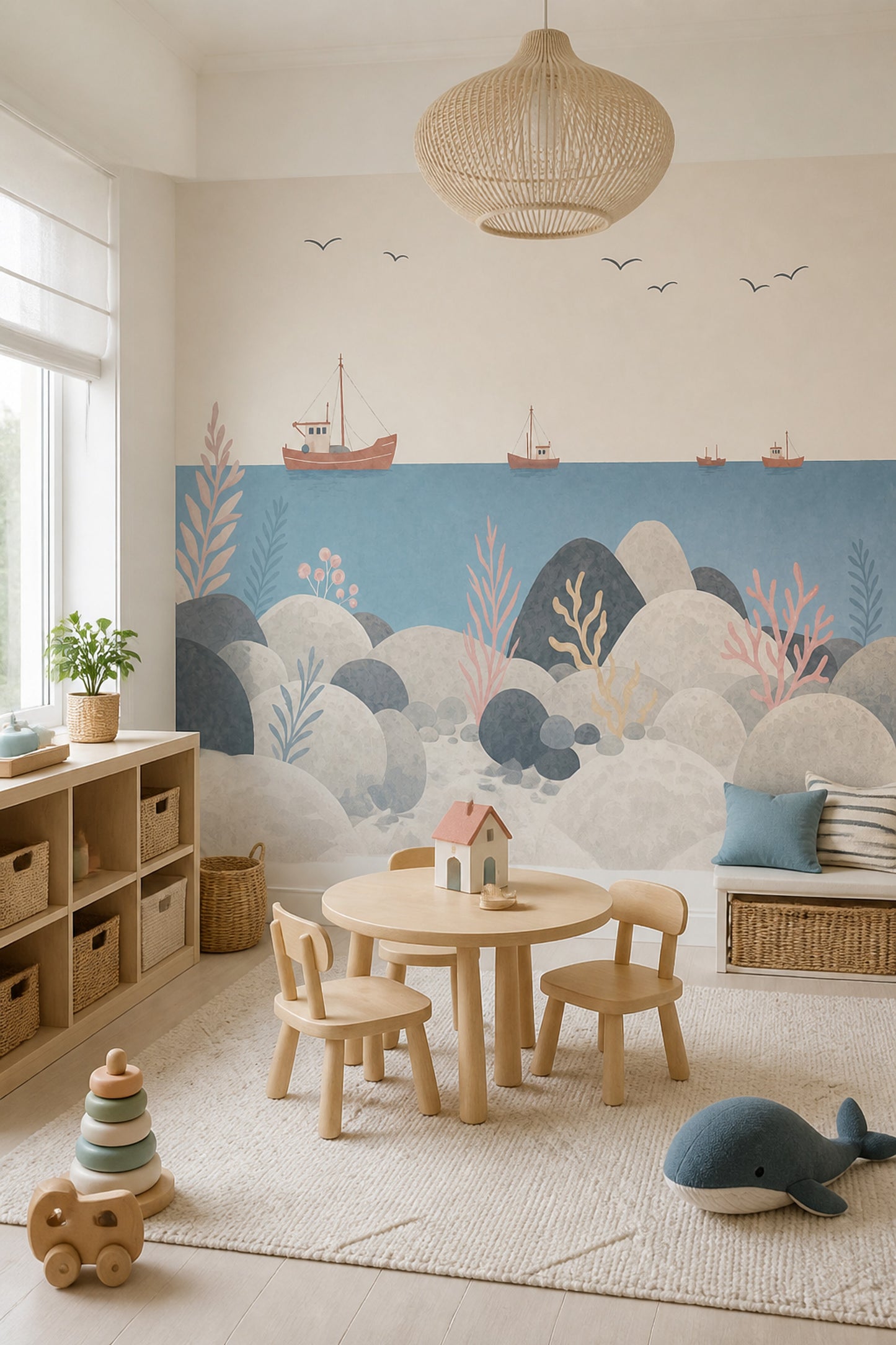Coastal Wall Mural Fishing Boat Ocean Kids Room Decor
