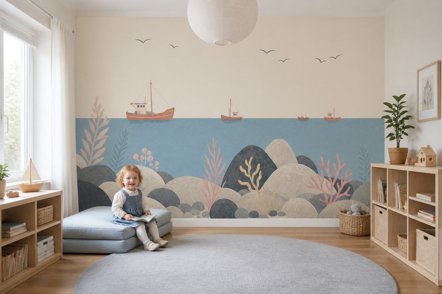 Coastal Wall Mural Fishing Boat Ocean Kids Room Decor