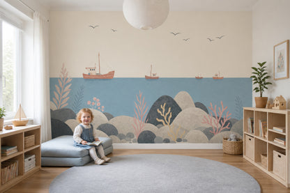 Coastal Wall Mural Fishing Boat Ocean Kids Room Decor