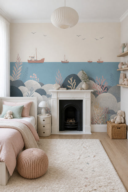 Coastal Wall Mural Fishing Boat Ocean Kids Room Decor