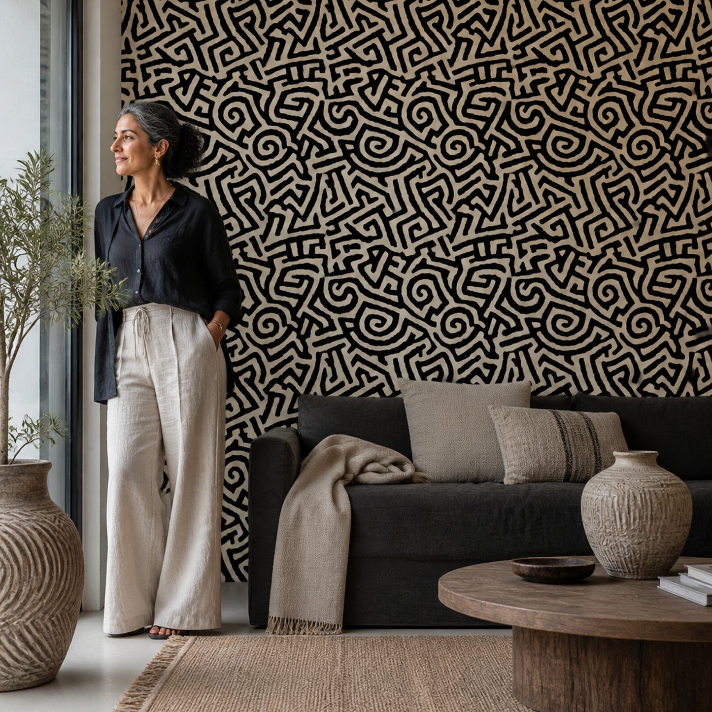 Hand Drawn Abstract Wallpaper Organic Graphic Black Statement Decor