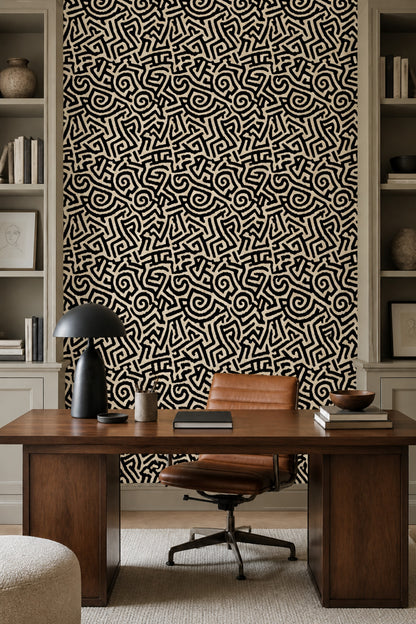 Hand Drawn Abstract Wallpaper Organic Graphic Black Statement Decor