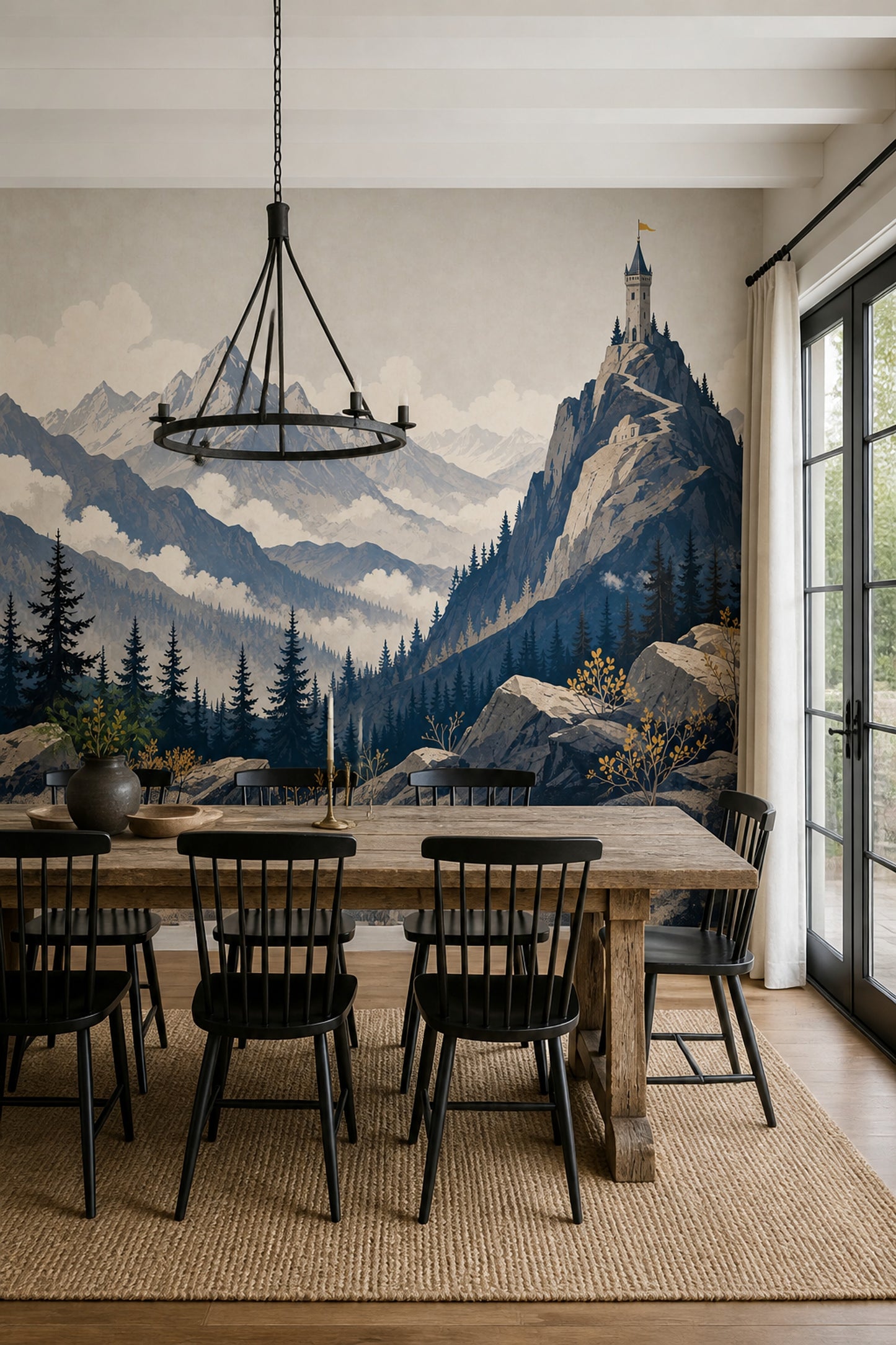 Alpine Landscape Wallpaper Vintage Illustration Castle Tower Wall Mural