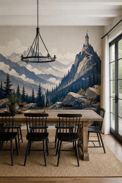 Alpine Landscape Wallpaper Vintage Illustration Castle Tower Wall Mural