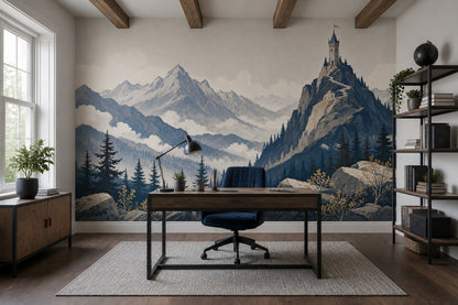 Alpine Landscape Wallpaper Vintage Illustration Castle Tower Wall Mural