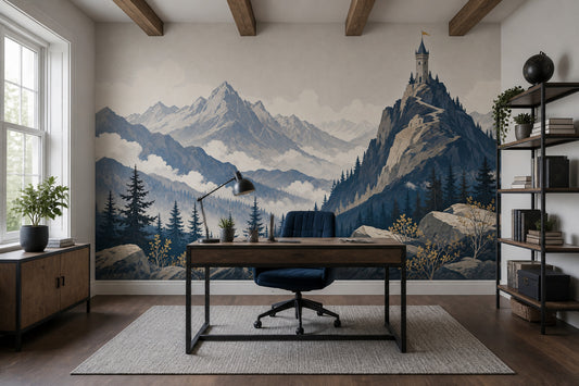 Alpine Landscape Wallpaper Vintage Illustration Castle Tower Wall Mural