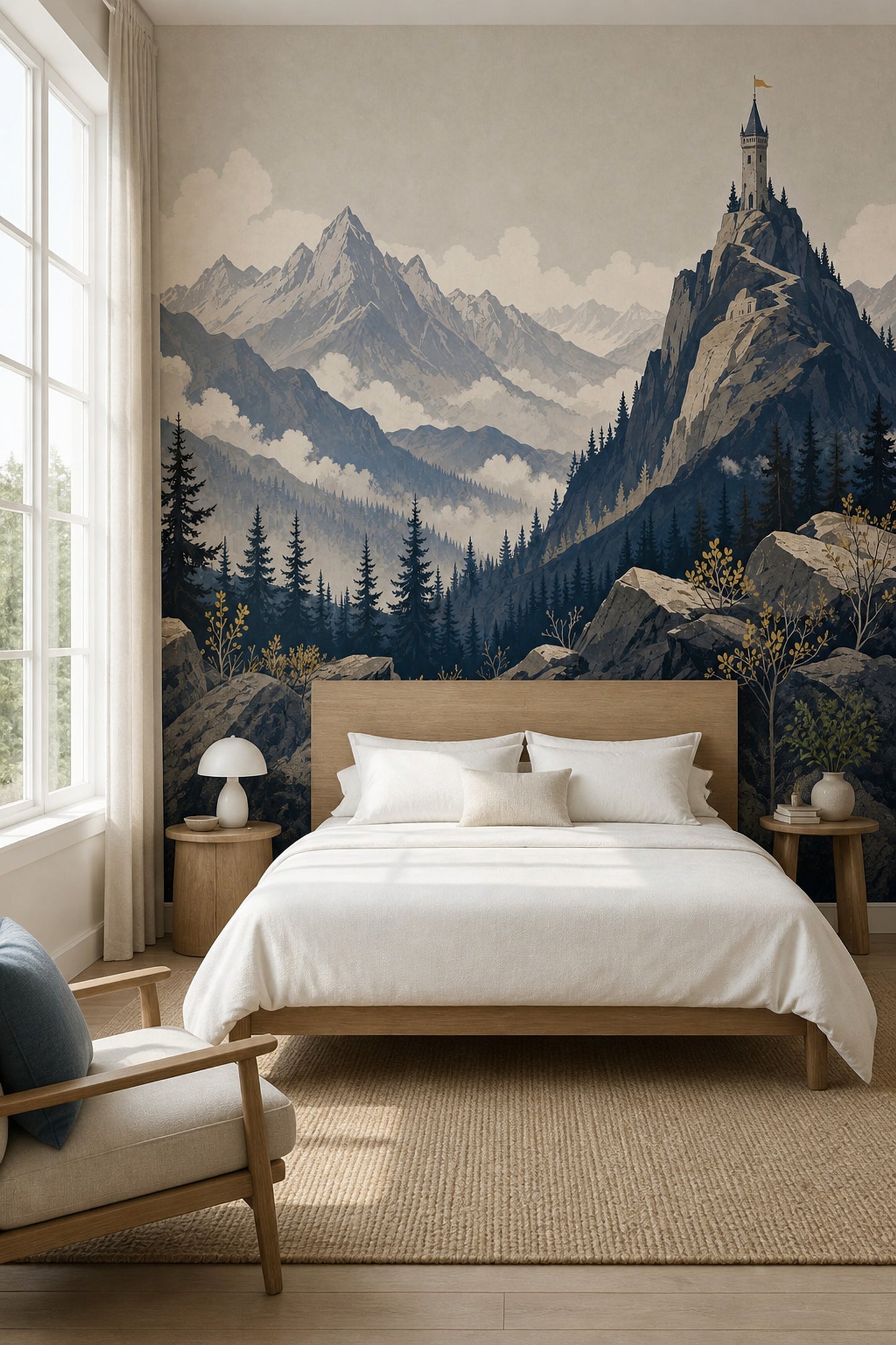Alpine Landscape Wallpaper Vintage Illustration Castle Tower Wall Mural