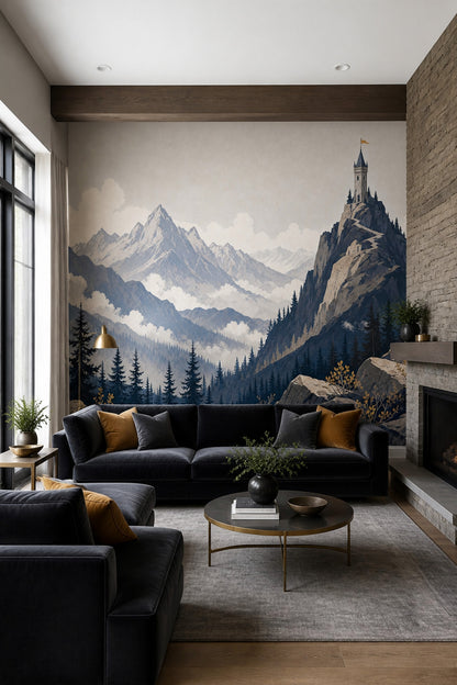 Alpine Landscape Wallpaper Vintage Illustration Castle Tower Wall Mural