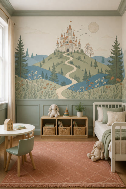 Fairy Tale Castle Wallpaper Storybook Landscape Rolling Hills Wall Mural