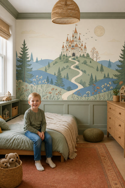 Fairy Tale Castle Wallpaper Storybook Landscape Rolling Hills Wall Mural