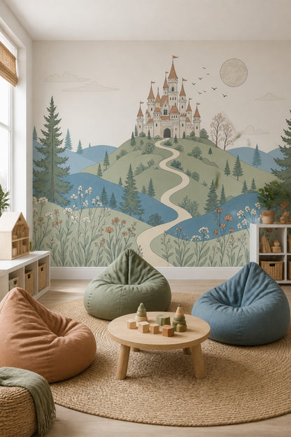 Fairy Tale Castle Wallpaper Storybook Landscape Rolling Hills Wall Mural