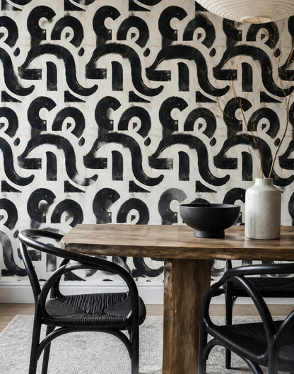 Brushstroke Abstract Wallpaper Black Cream Modern Organic Pattern Decor