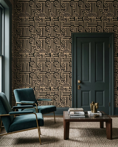 Modern Primitive Wallpaper African Kuba Pattern Organic Black Beige Designer Decor
