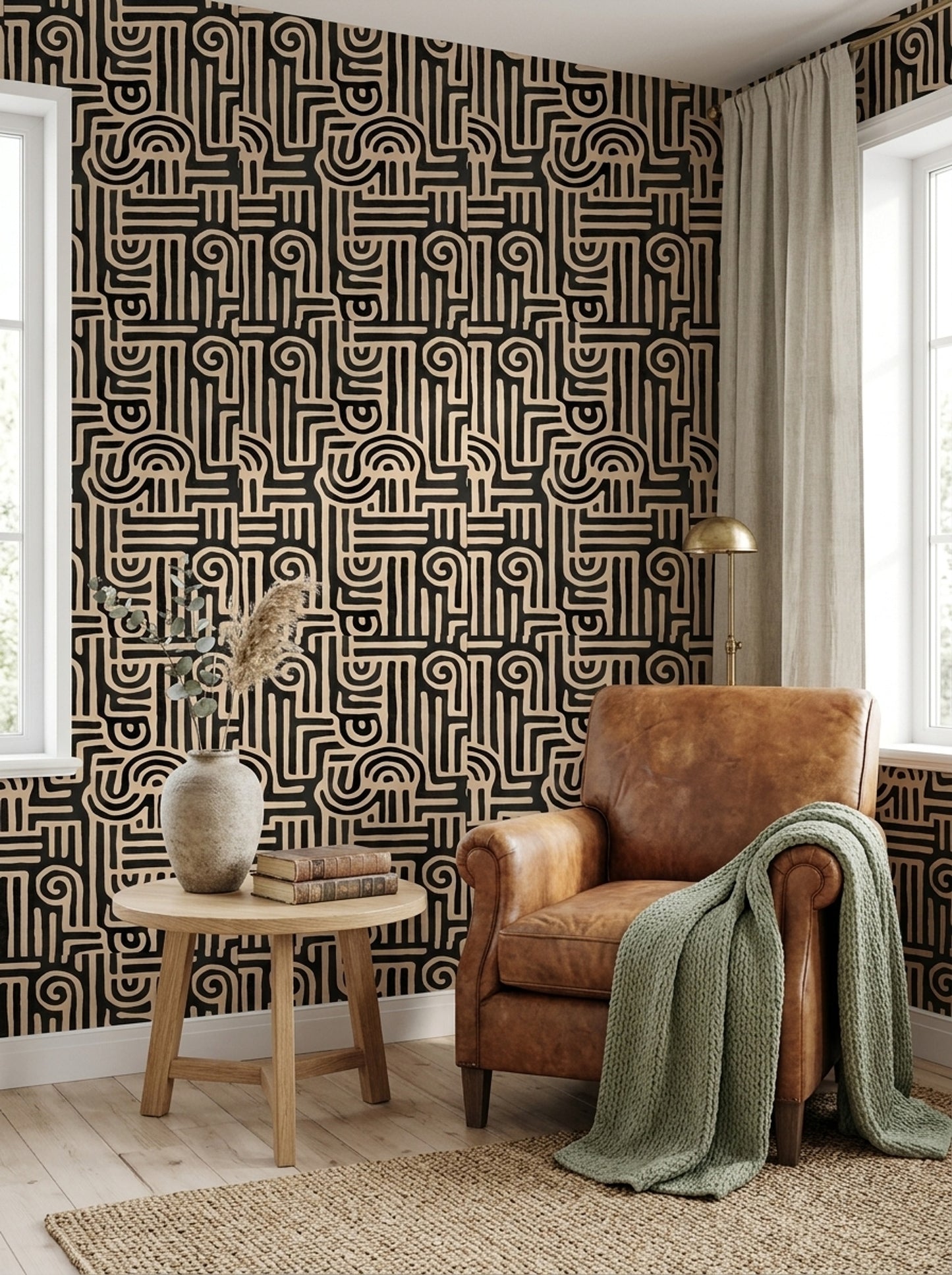 Modern Primitive Wallpaper African Kuba Pattern Organic Black Beige Designer Decor