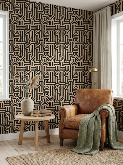 Modern Primitive Wallpaper African Kuba Pattern Organic Black Beige Designer Decor