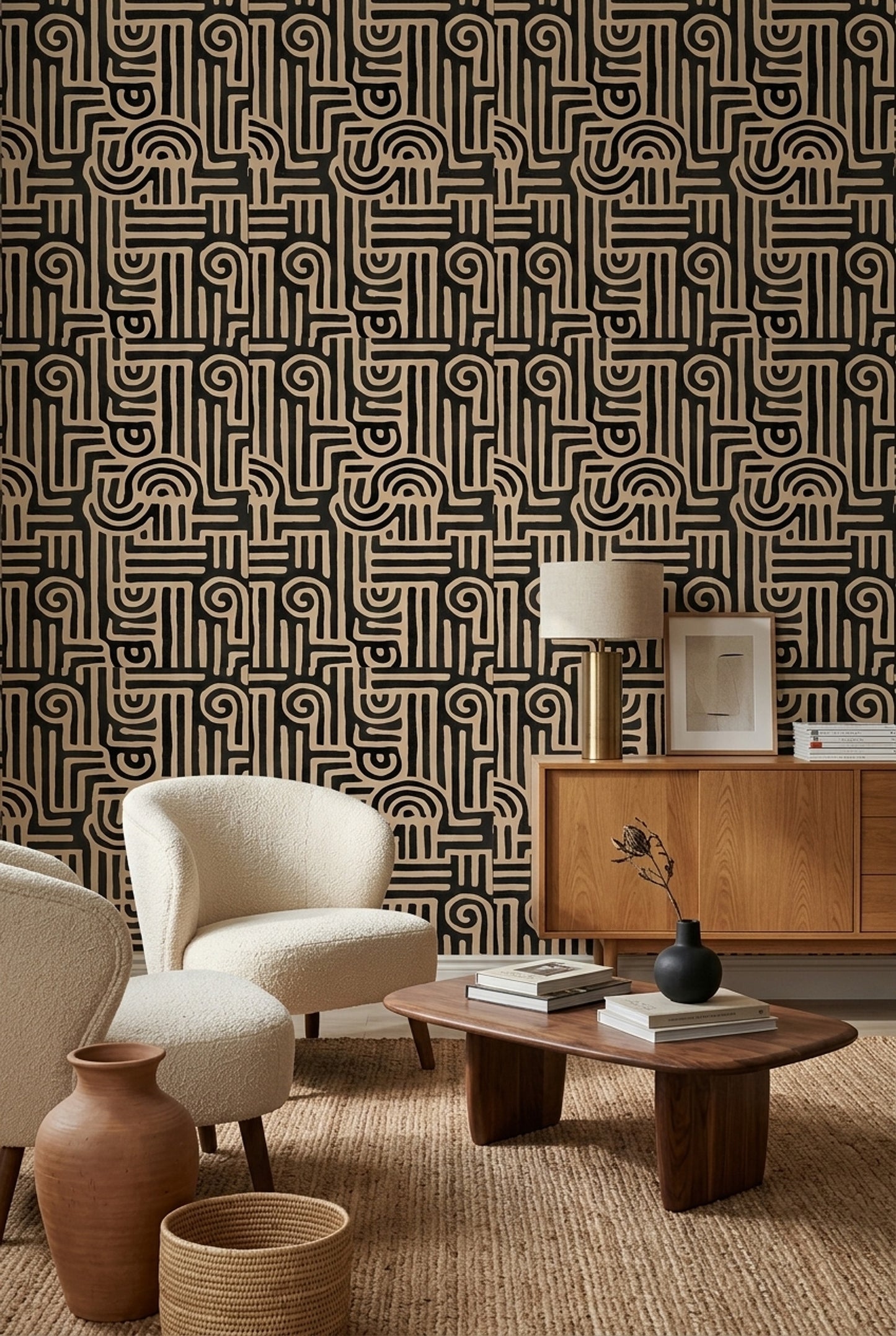 Modern Primitive Wallpaper African Kuba Pattern Organic Black Beige Designer Decor