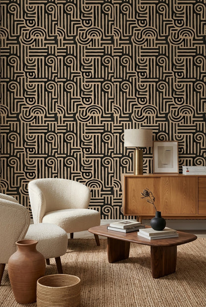 Modern Primitive Wallpaper African Kuba Pattern Organic Black Beige Designer Decor