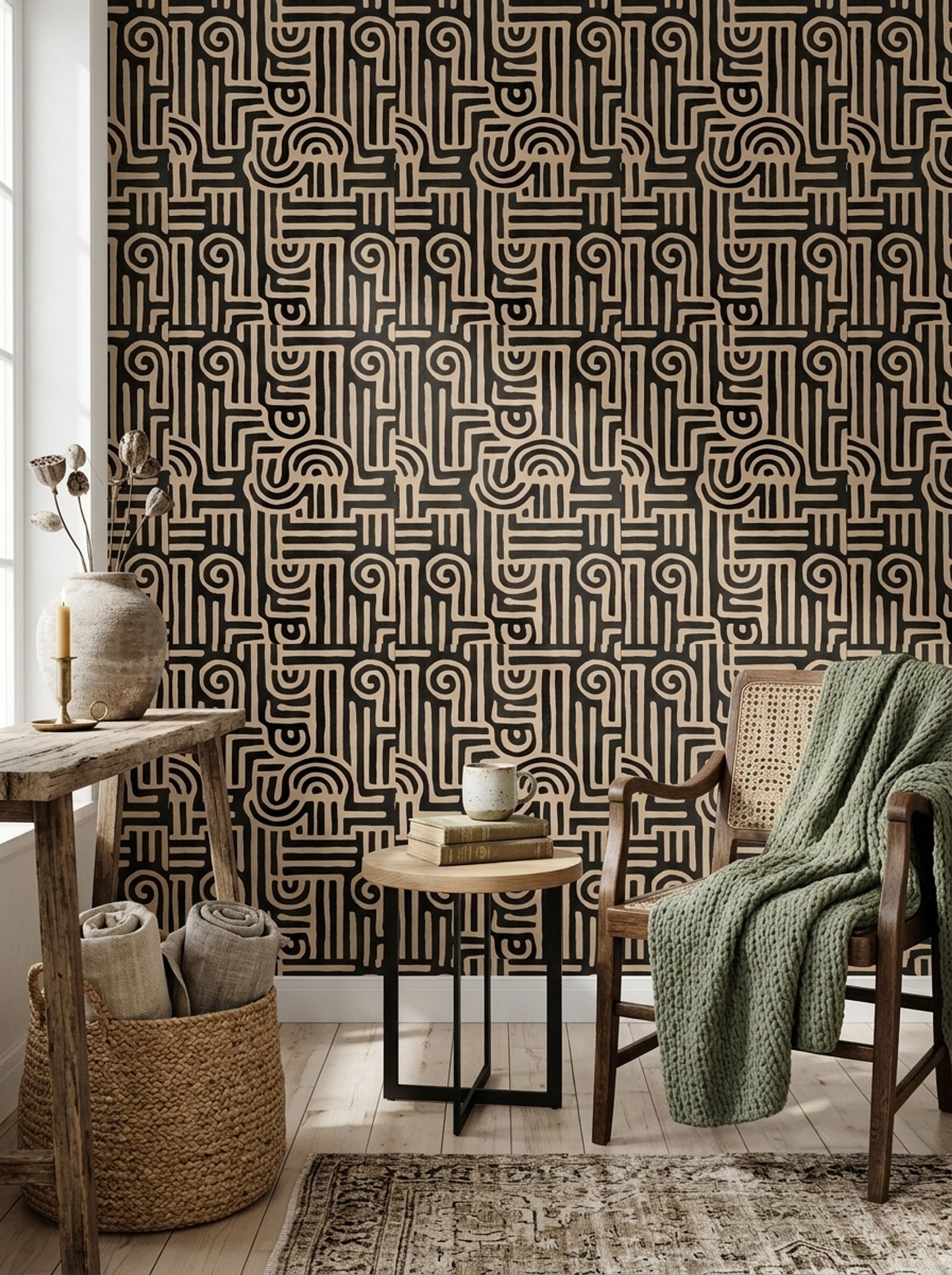 Modern Primitive Wallpaper African Kuba Pattern Organic Black Beige Designer Decor