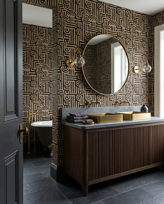 Modern Primitive Wallpaper African Kuba Pattern Organic Black Beige Designer Decor