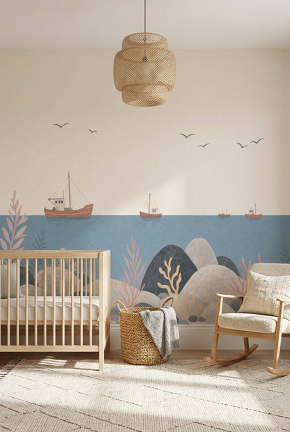 Coastal Wall Mural Fishing Boat Ocean Kids Room Decor