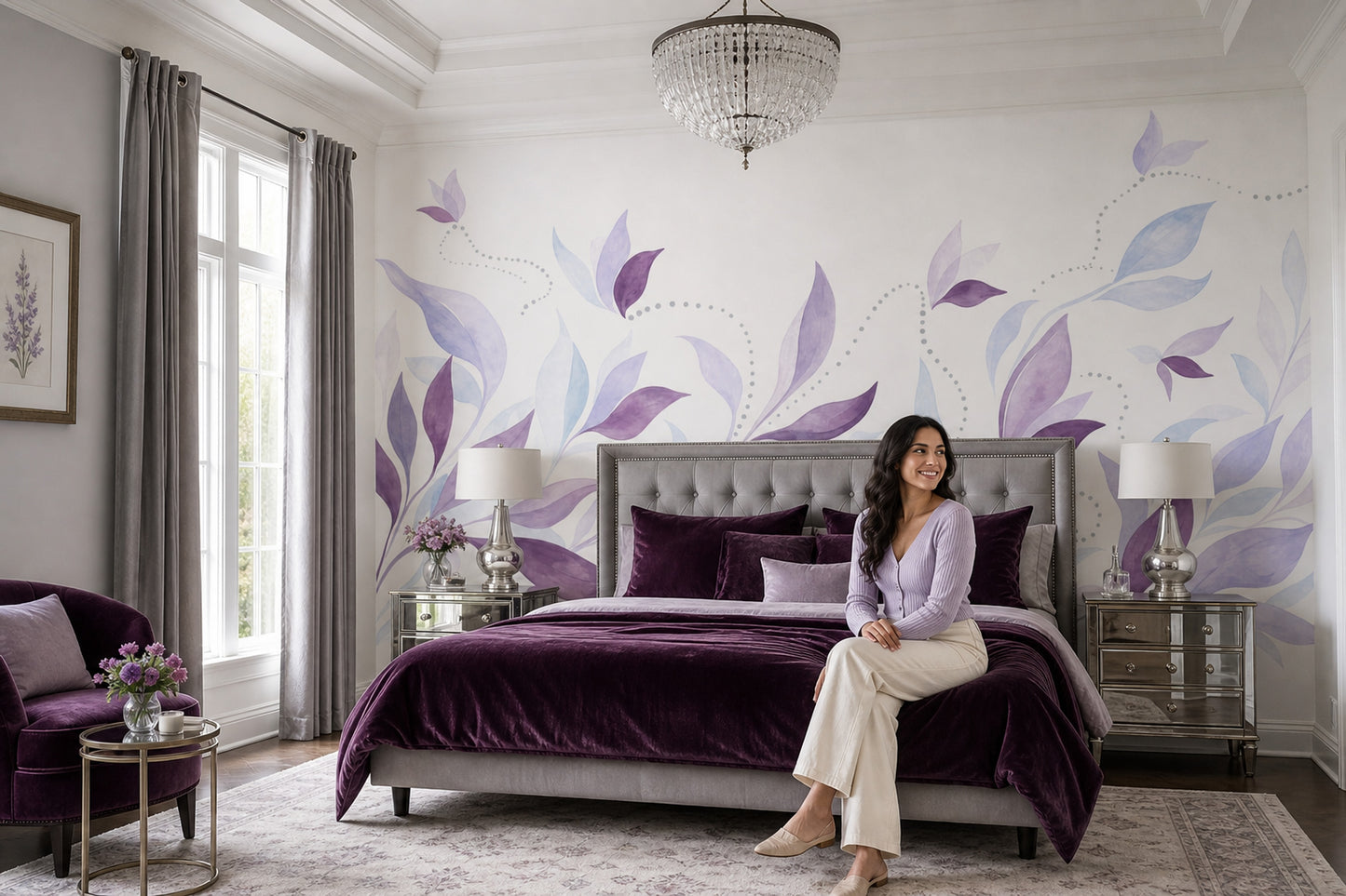 Botanical Wall Mural Purple Leaf Landscape Organic Modern Nature Wall Decor