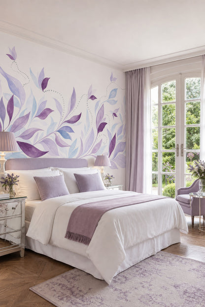 Botanical Wall Mural Purple Leaf Landscape Organic Modern Nature Wall Decor