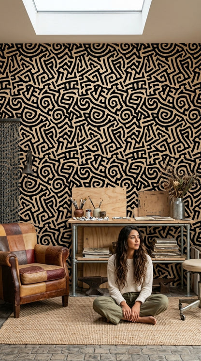 Hand Drawn Abstract Wallpaper Organic Graphic Black Statement Decor