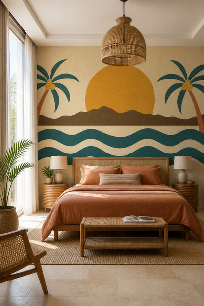 Retro Coastal Palm Tree Wall Mural Mid Century Sunset Landscape
