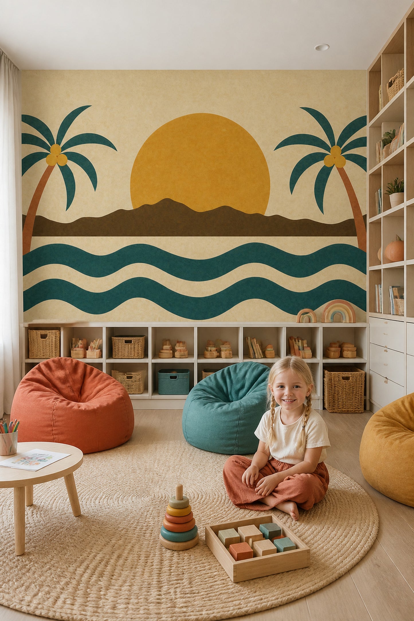 Retro Coastal Palm Tree Wall Mural Mid Century Sunset Landscape