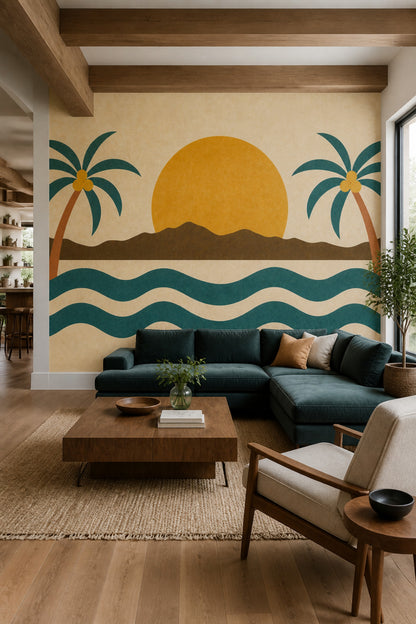Retro Coastal Palm Tree Wall Mural Mid Century Sunset Landscape