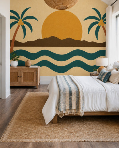 Retro Coastal Palm Tree Wall Mural Mid Century Sunset Landscape