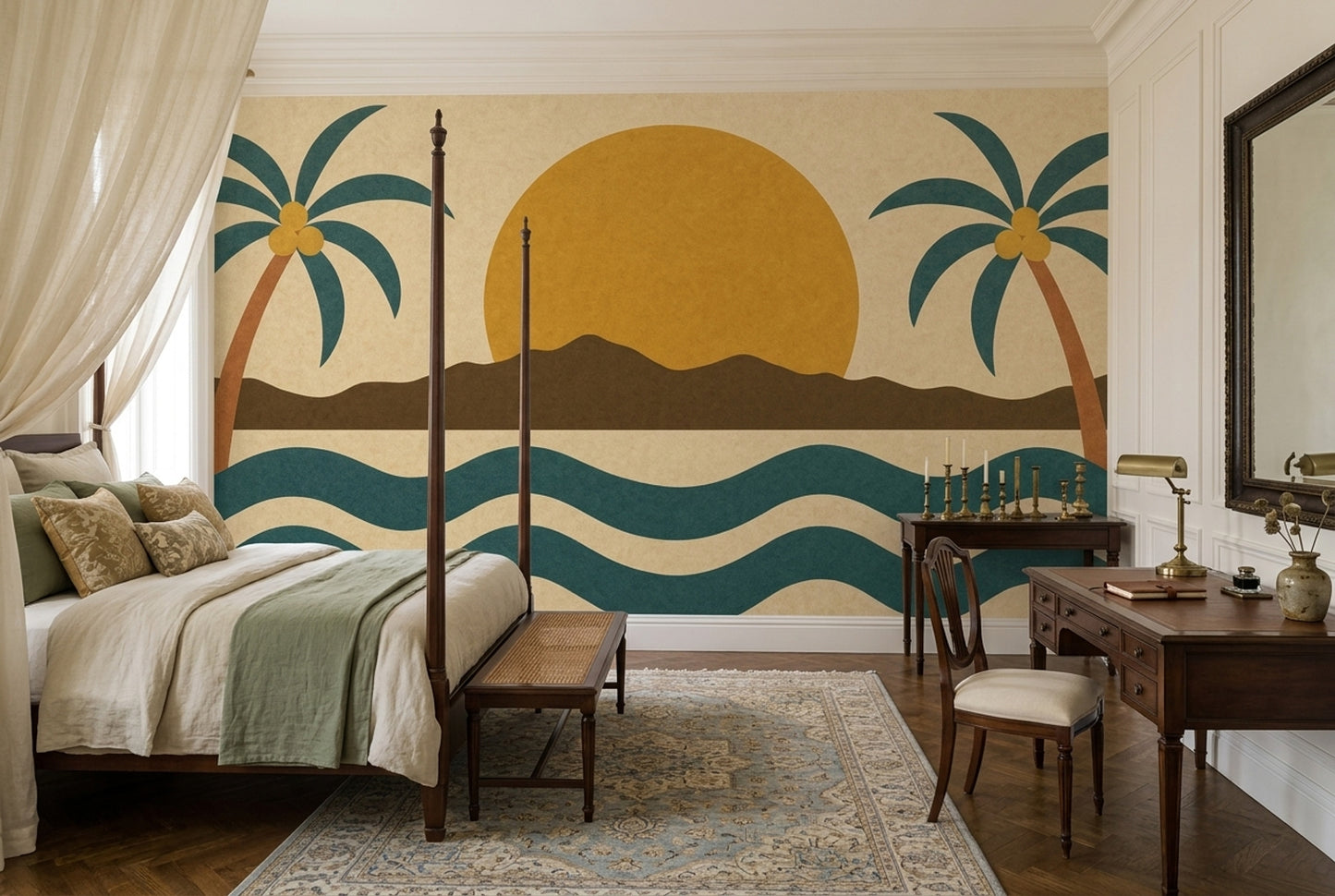 Retro Coastal Palm Tree Wall Mural Mid Century Sunset Landscape