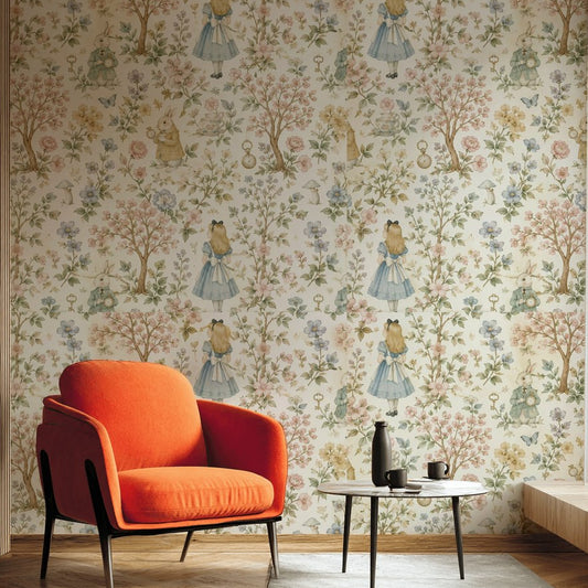 Alice in Wonderland Wallpaper White Rabbit Vintage Floral Pattern