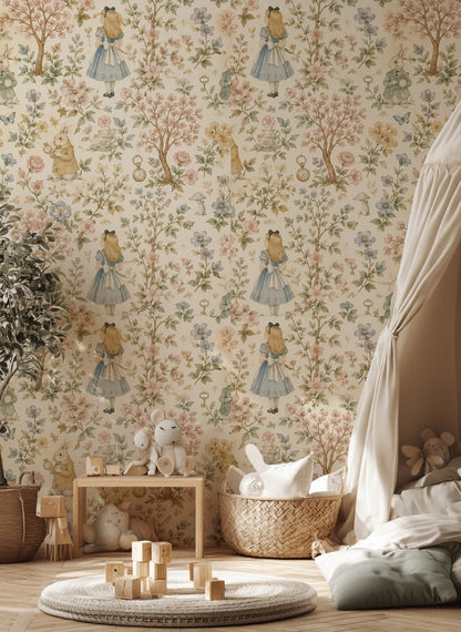 Alice in Wonderland Wallpaper White Rabbit Vintage Floral Pattern