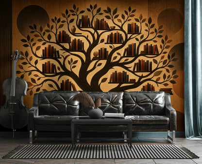 Tree Bookshelf Wall Mural Library Decor Reading Room Wall Art
