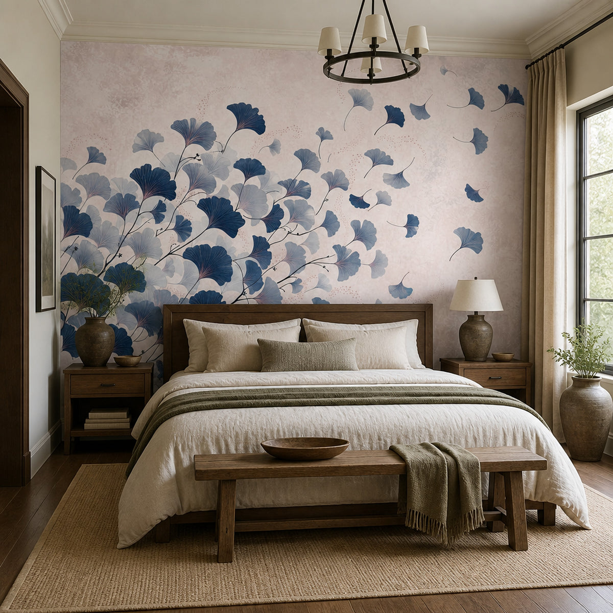 Ginkgo Leaf Wall Mural Navy Blue Botanical Art Blush Pink Statement Wall