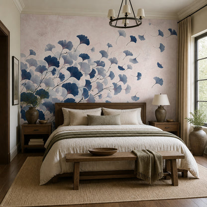 Ginkgo Leaf Wall Mural Navy Blue Botanical Art Blush Pink Statement Wall