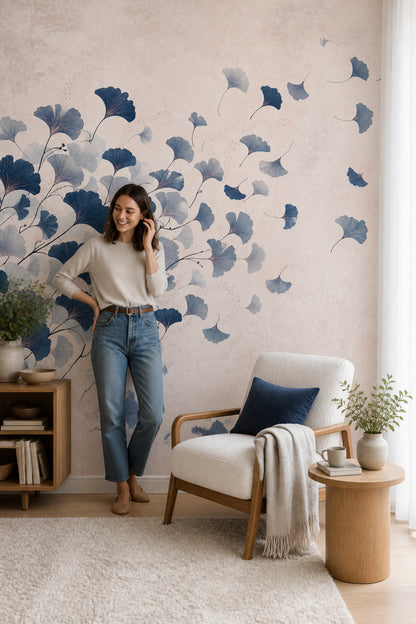 Ginkgo Leaf Wall Mural Navy Blue Botanical Art Blush Pink Statement Wall