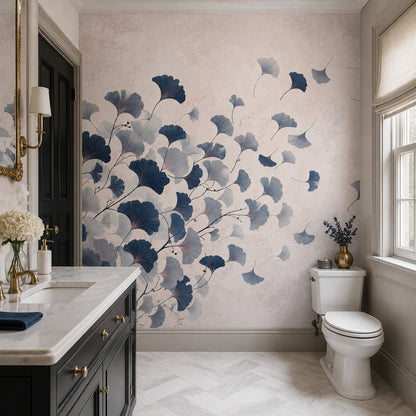 Ginkgo Leaf Wall Mural Navy Blue Botanical Art Blush Pink Statement Wall