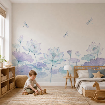 Watercolor Lotus Wall Mural Dragonflies Soft Blue Floral Pond Wall Art
