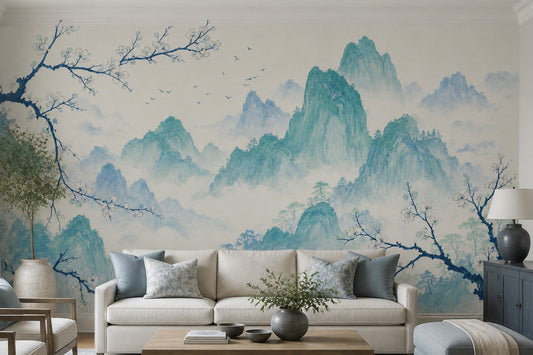 Blue Chinoiserie Mountain Wall Mural Misty Landscape Blossom Wallpaper