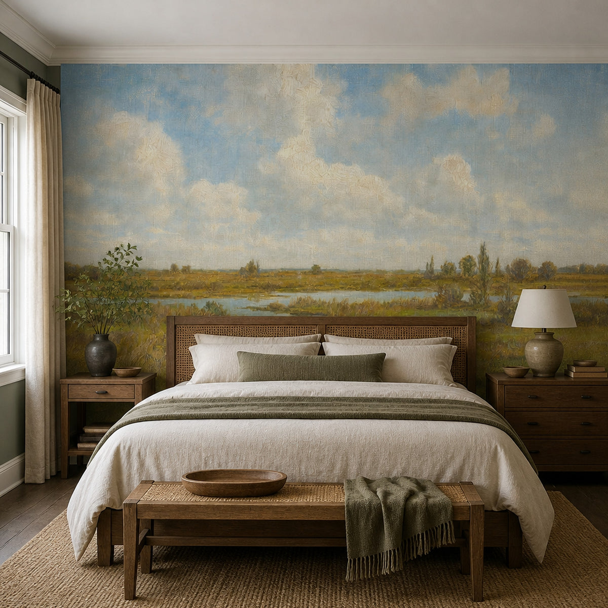 Pastoral Landscape Wall Mural Vintage Countryside Meadow Scenic Wall Art