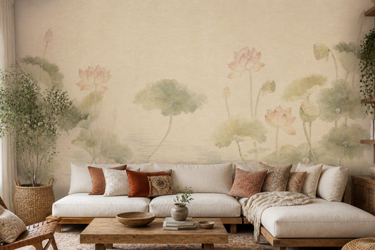 Lotus Pond Wall Mural Japanese Zen Watercolor Botanical Wallpaper