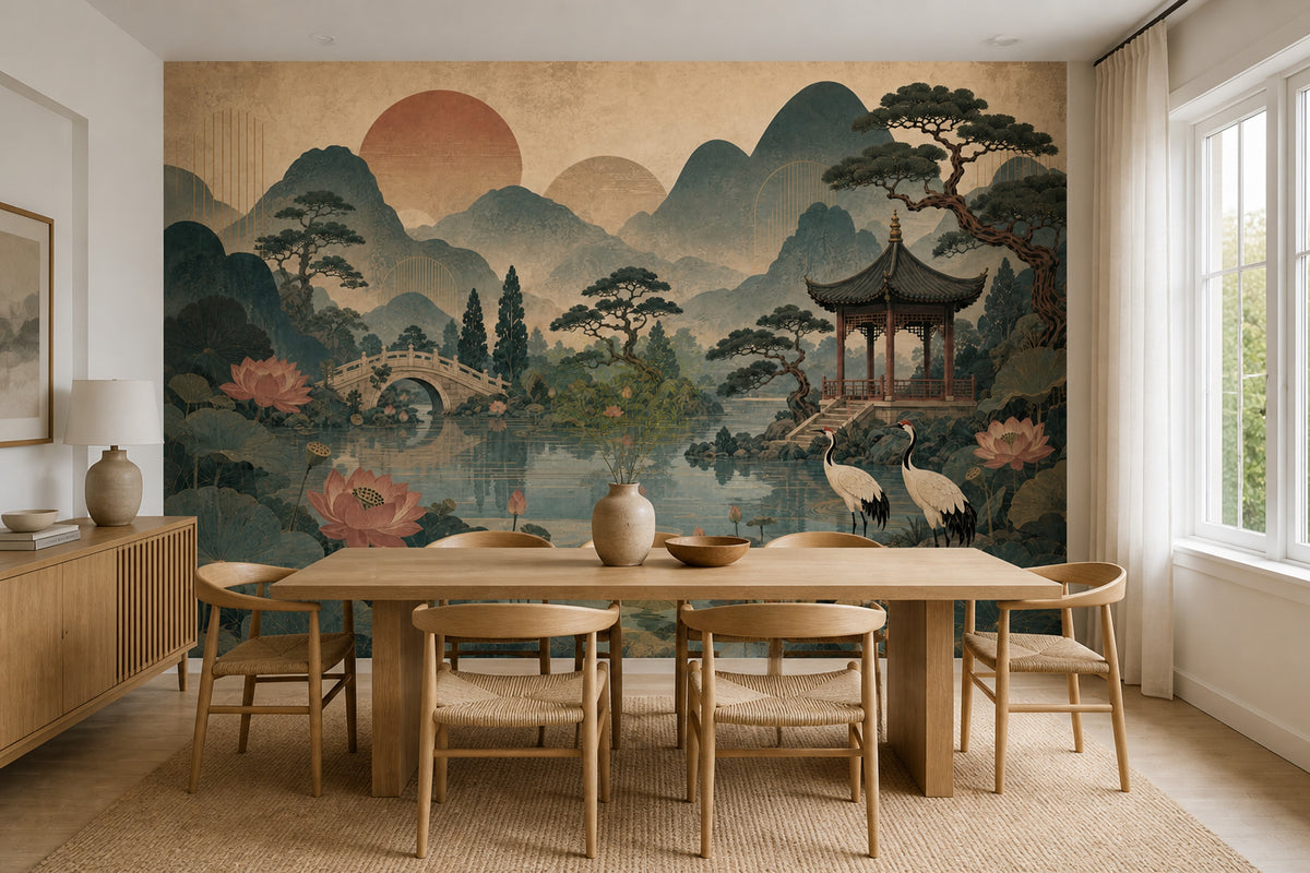 Chinoiserie Garden Wall Mural Lotus Crane Pagoda Landscape