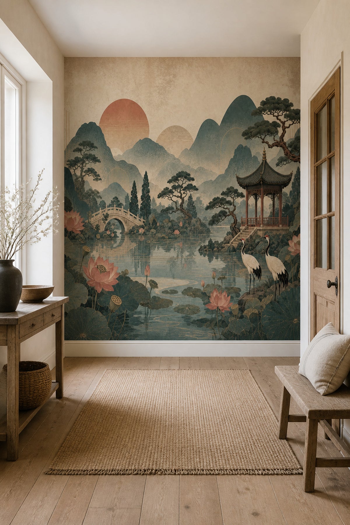 Chinoiserie Garden Wall Mural Lotus Crane Pagoda Landscape