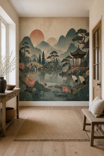 Chinoiserie Garden Wall Mural Lotus Crane Pagoda Landscape
