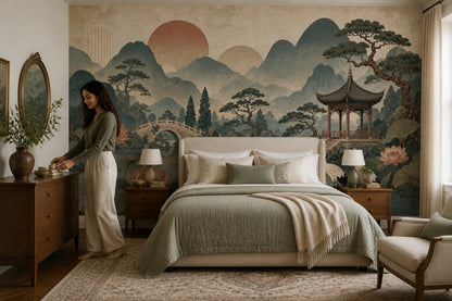 Chinoiserie Garden Wall Mural Lotus Crane Pagoda Landscape