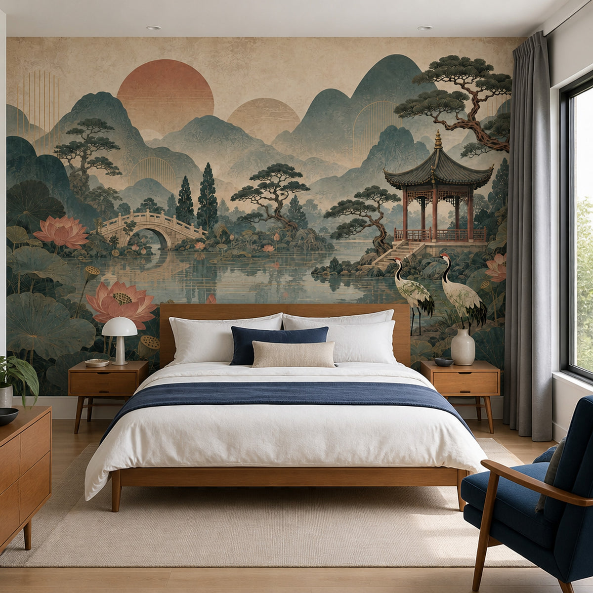 Chinoiserie Garden Wall Mural Lotus Crane Pagoda Landscape