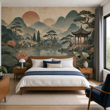 Chinoiserie Garden Wall Mural Lotus Crane Pagoda Landscape