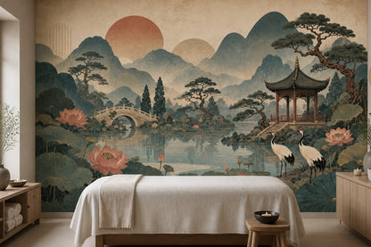 Chinoiserie Garden Wall Mural Lotus Crane Pagoda Landscape